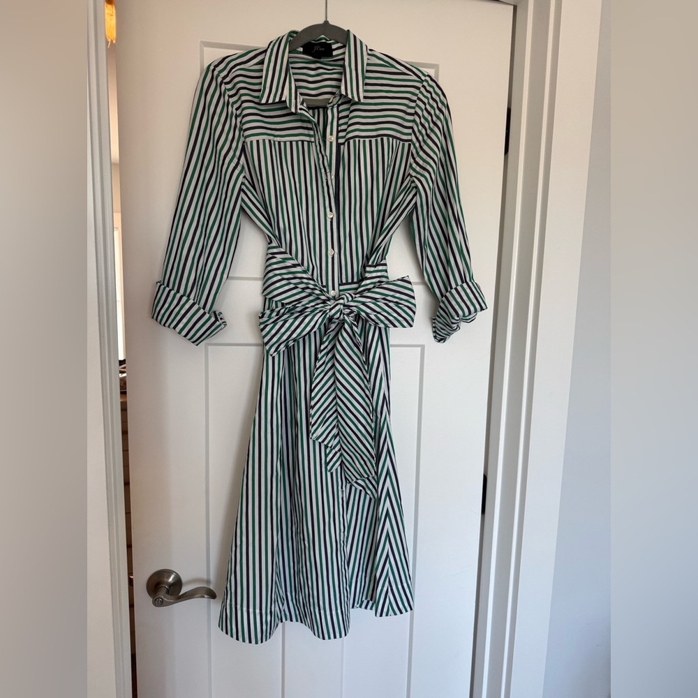 J. Crew Womans Striped Green, Navy and White Shirt Dress with Tie Waist